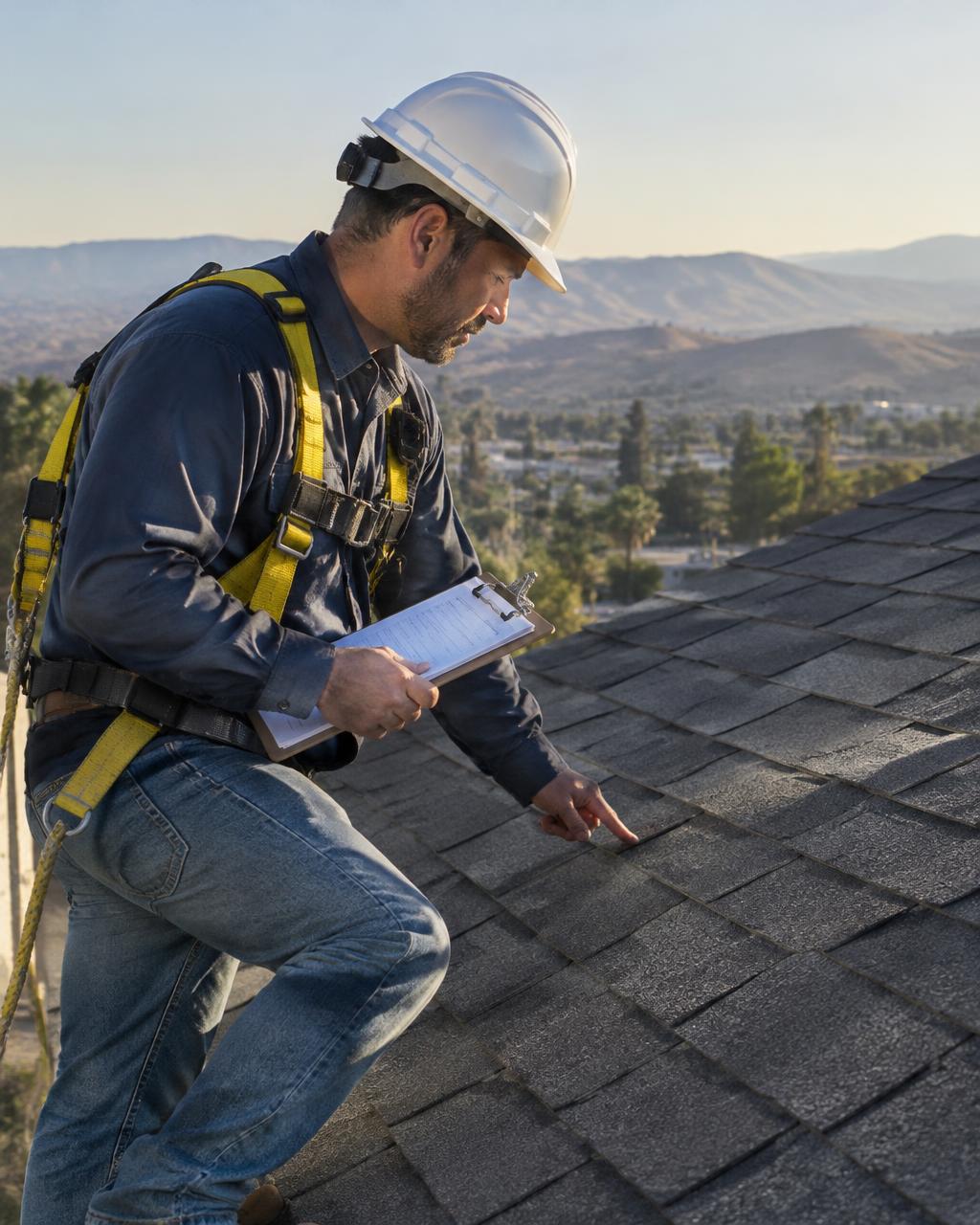 Roofer inspecting asphalt shingles