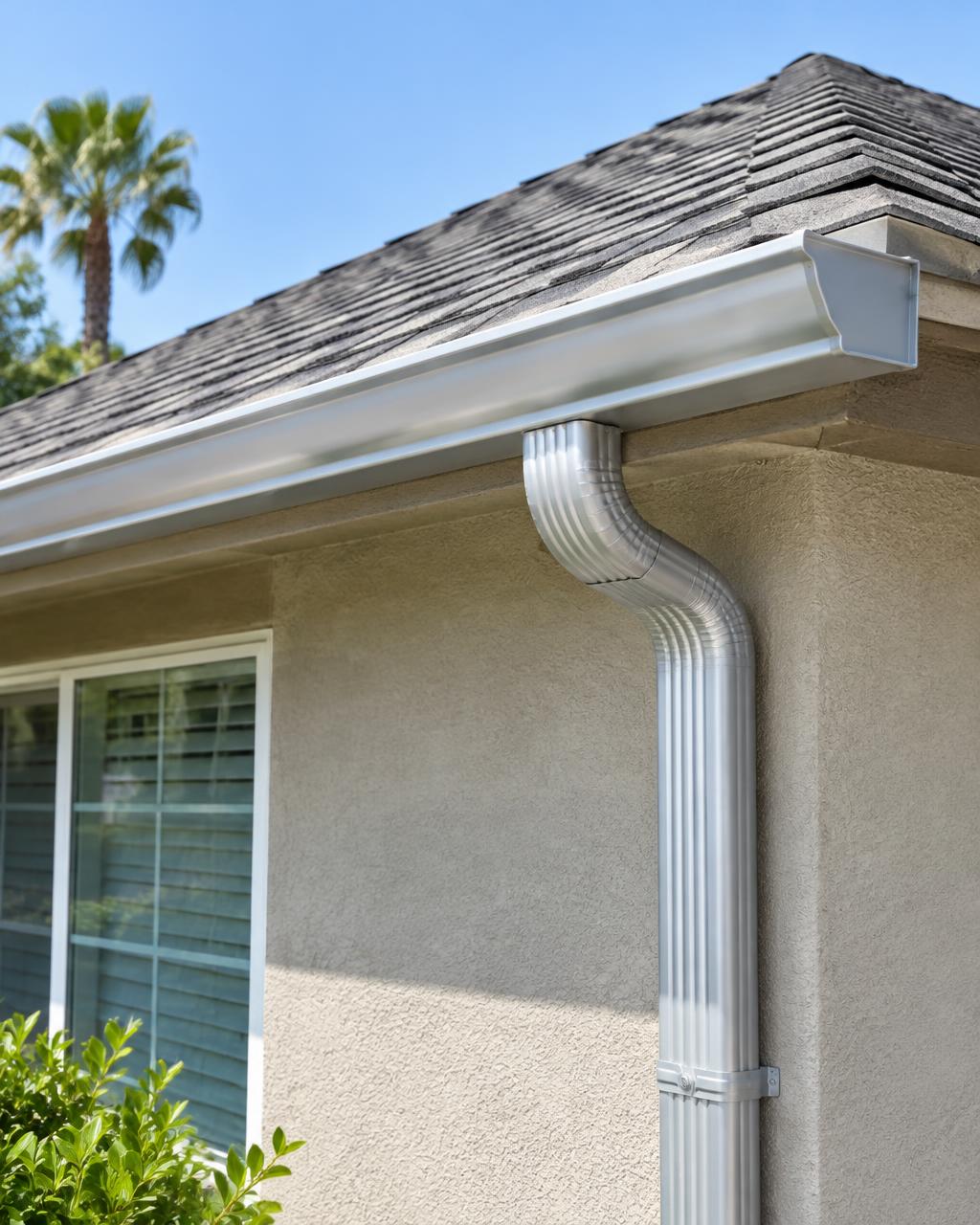 Seamless gutter and downspout on a stucco home
