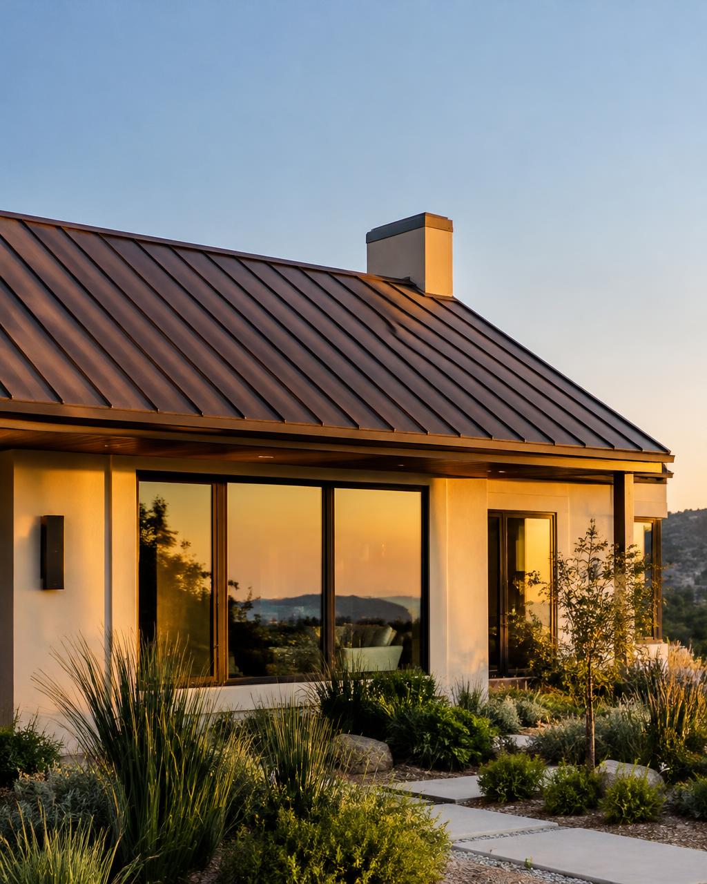 Standing seam metal roof at golden hour